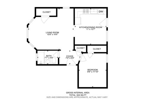 Floor plan for 1 bed, 1 bath, 650 sqft